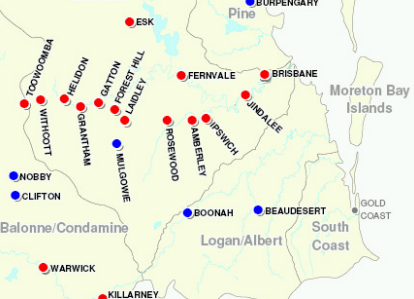 Location map - 2011 Warwick (Red dots - flood inundated towns. Blue dots - flood affected towns)